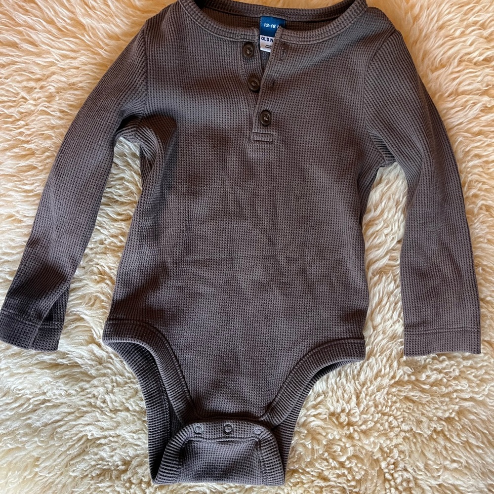 Ribbed Knit Henley Onsies Set in Neutral Tones - Picture 7 of 10